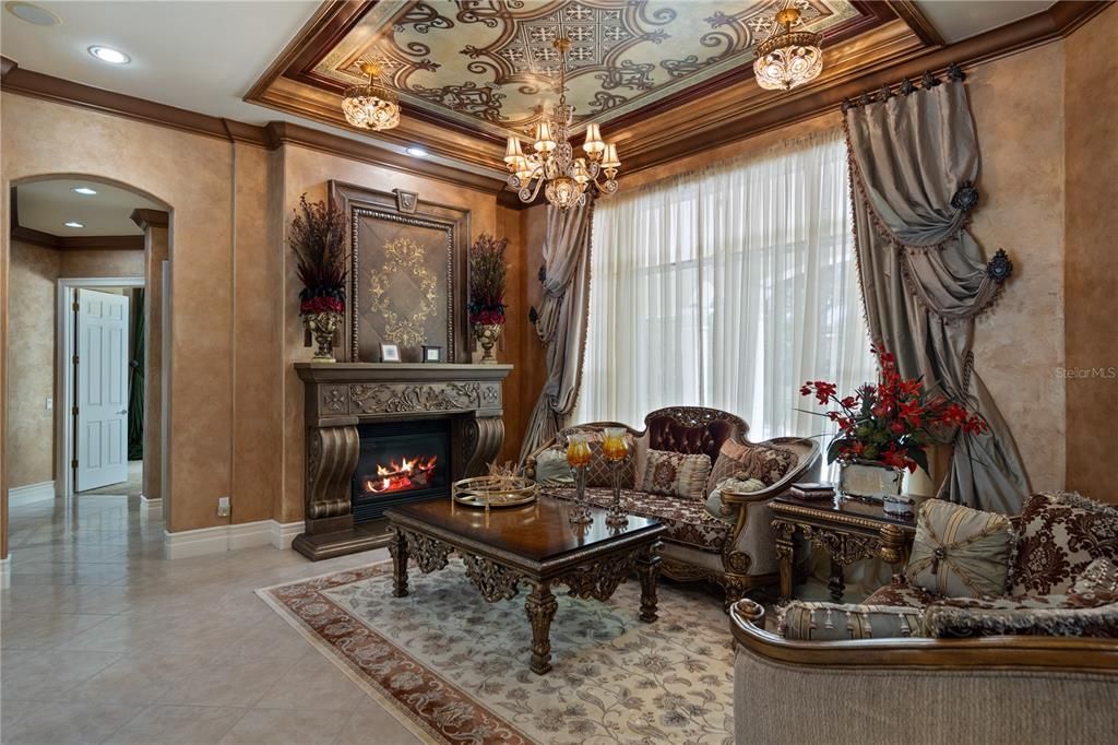 Chandelier, Fireplace, Interior, Living room, Recessed Lighting