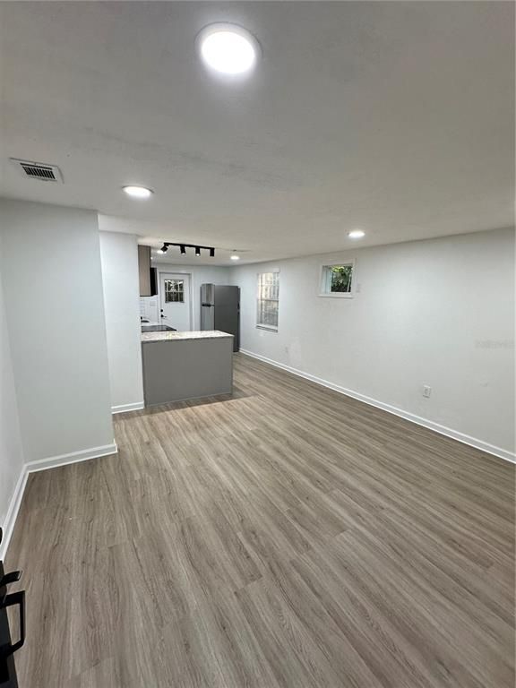 Empty room, Interior, Kitchen, Recessed Lighting, Wood Texture Flooring