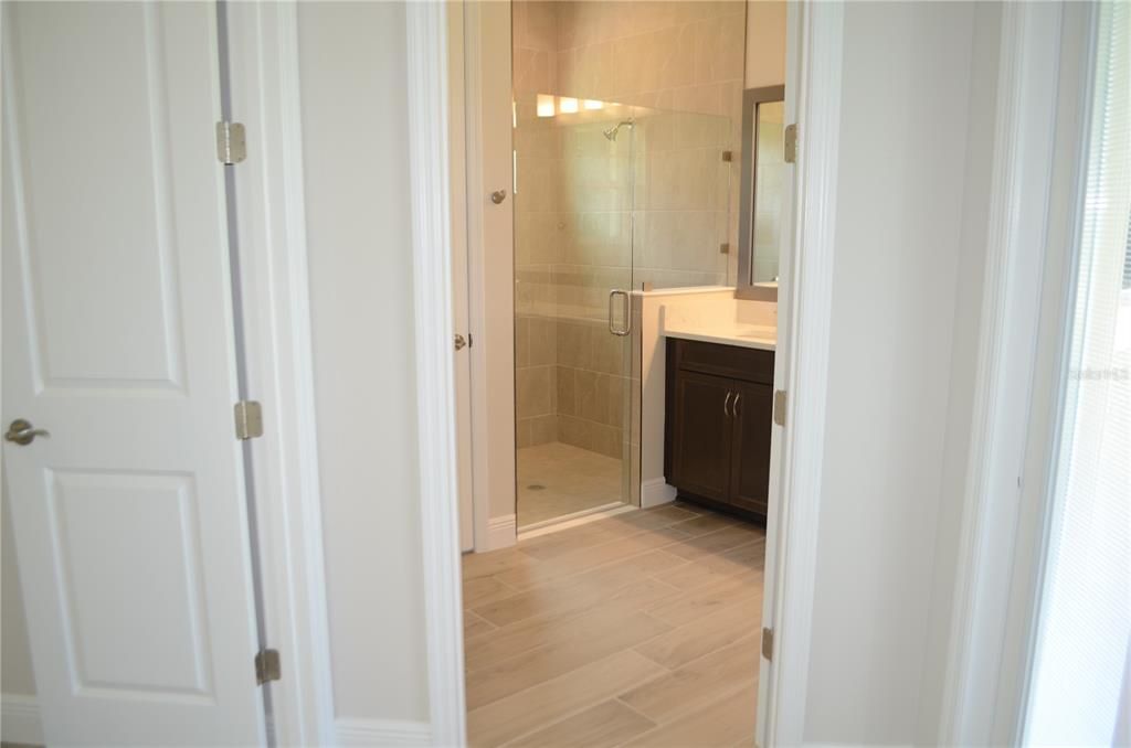 Bathroom, Glass Shower, Interior, Wood Texture Flooring