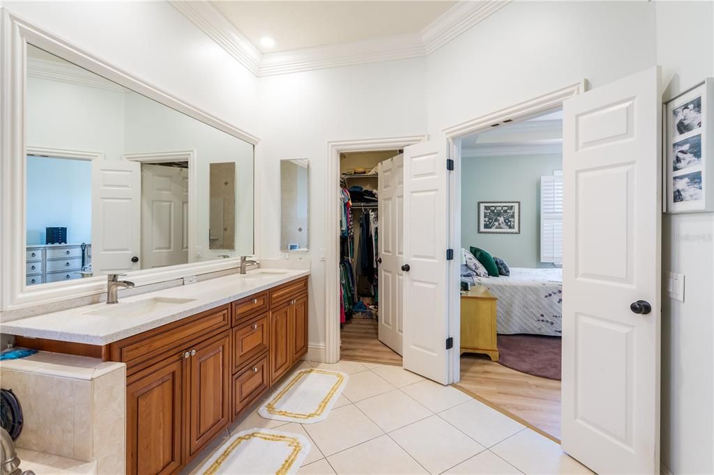 Bathroom, Bedroom, Dual Sink Vanities, Interior, Recessed Lighting, Wood Texture Flooring