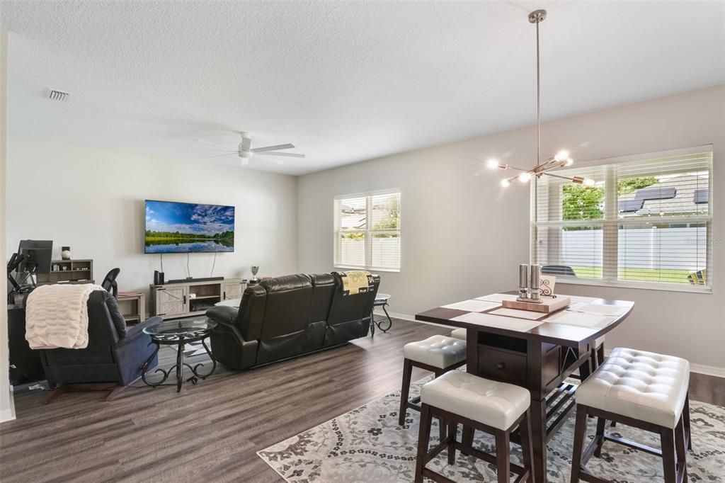 Dining room, Interior, Living room, Pendant Lights, Wood Texture Flooring