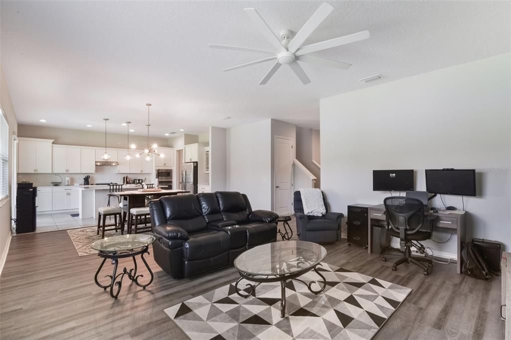Home Office, Interior, Kitchen, Living room, Pendant Lights, Recessed Lighting, Wood Texture Flooring