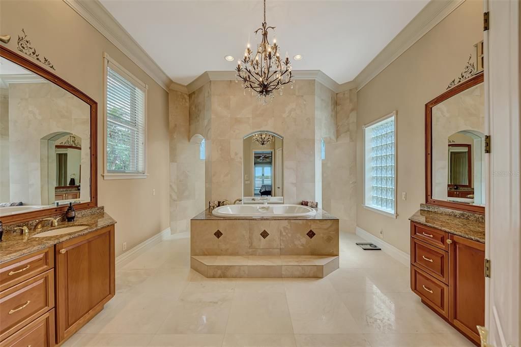 Bathroom, Chandelier, Dual Sink Vanities, Interior, Recessed Lighting