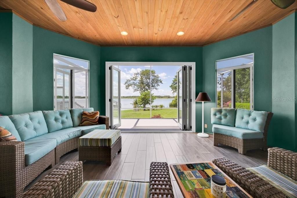 Interior, Living room, Recessed Lighting, Water, Wooden Ceilings, Wood Texture Flooring