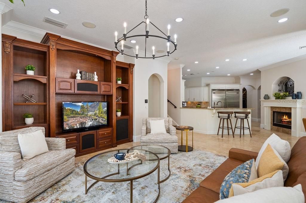Chandelier, Fireplace, Interior, Kitchen, Living room, Recessed Lighting