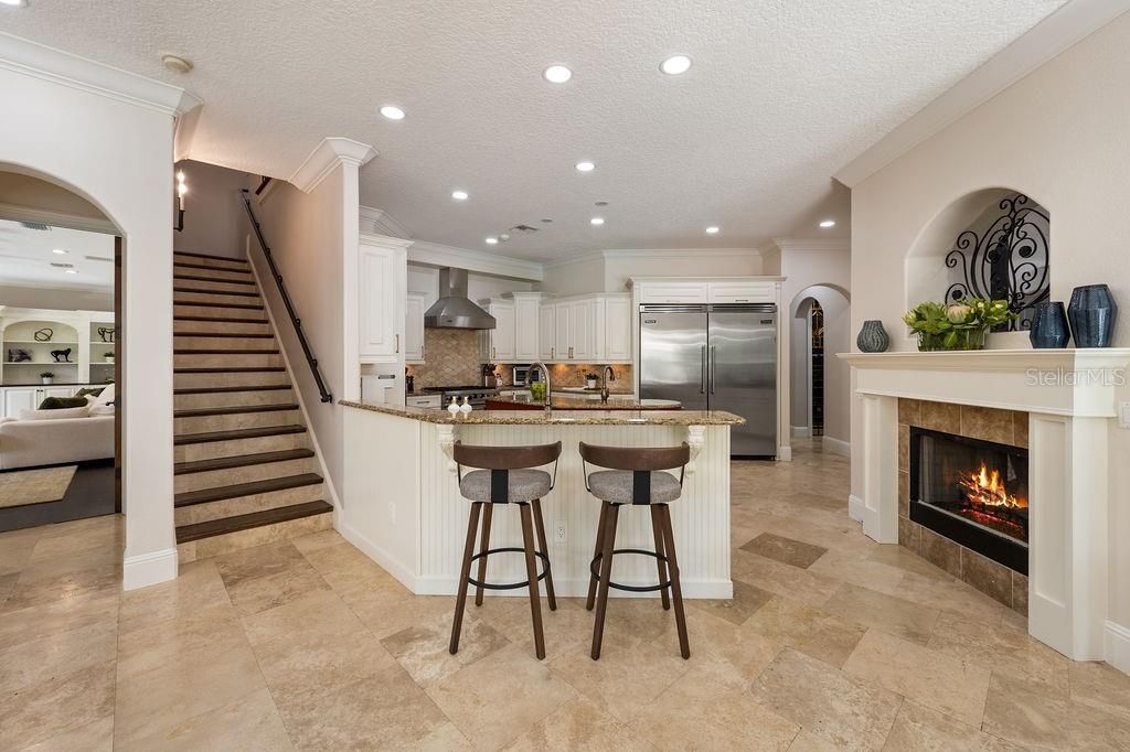 Fireplace, Interior, Kitchen, Recessed Lighting, Stainless Steel Appliances