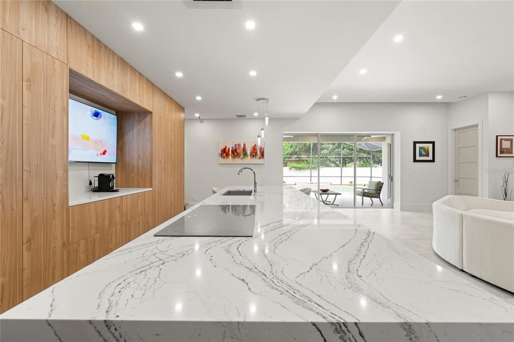 Interior, Kitchen, Marble, Recessed Lighting, Wooden Walls