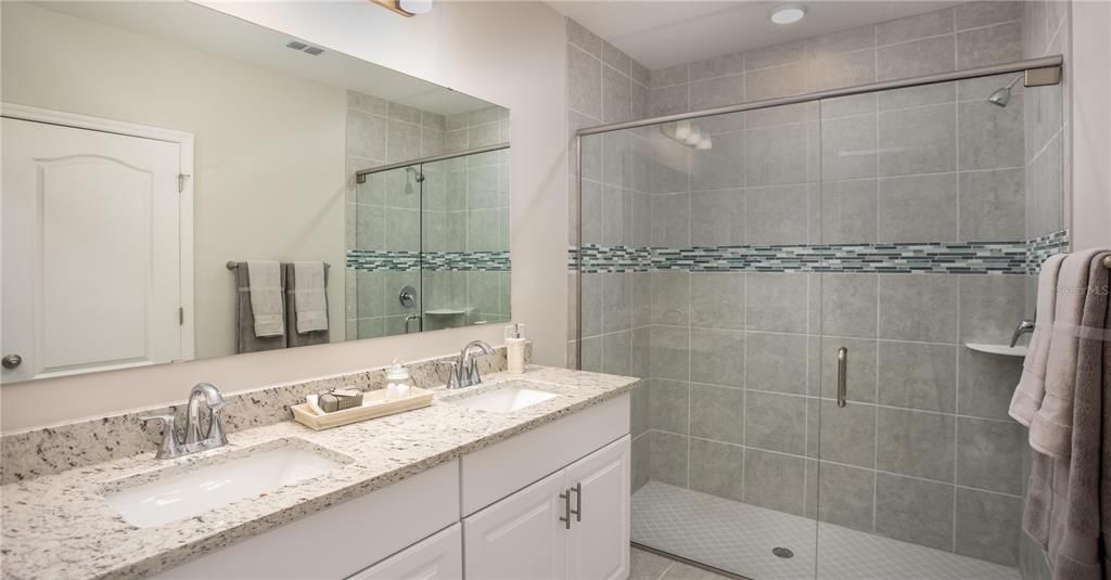 Bathroom, Dual Sink Vanities, Glass Shower, Interior, Recessed Lighting