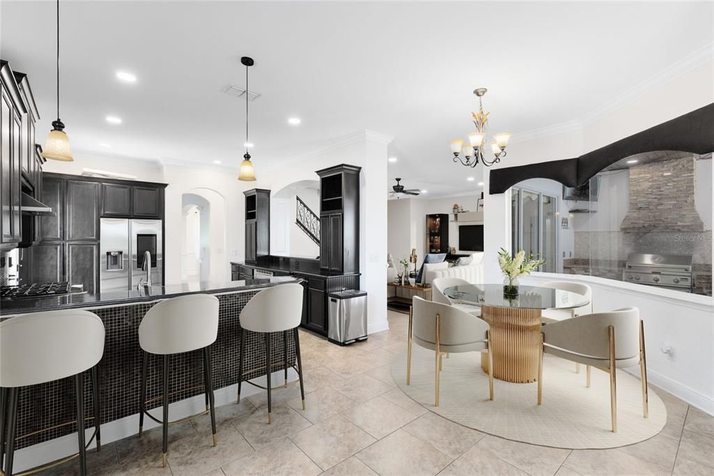 Chandelier, Dining room, Interior, Kitchen, Pendant Lights, Recessed Lighting, Stainless Steel Appliances