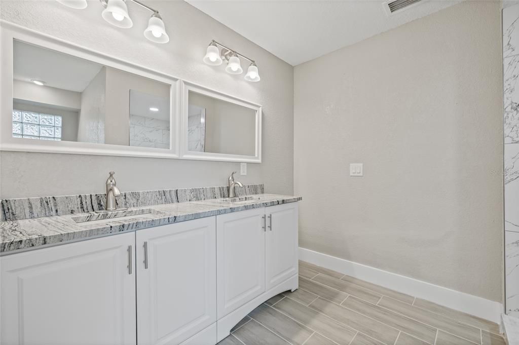 Bathroom, Dual Sink Vanities, Interior, Tile Countertops, Wood Texture Flooring