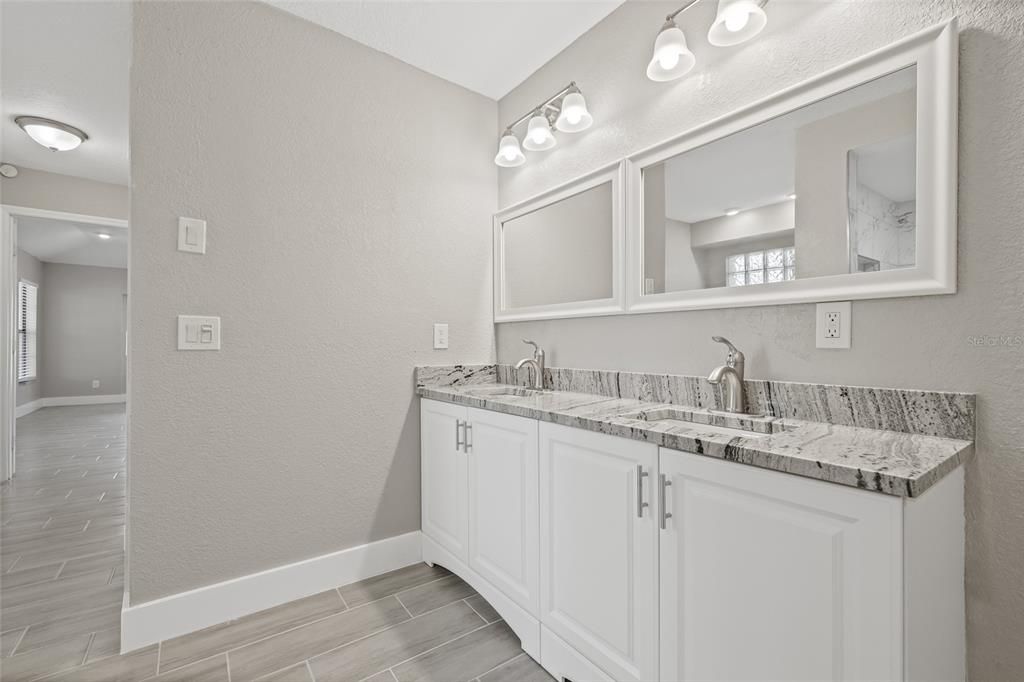 Bathroom, Dual Sink Vanities, Interior, Tile Countertops, Wood Texture Flooring