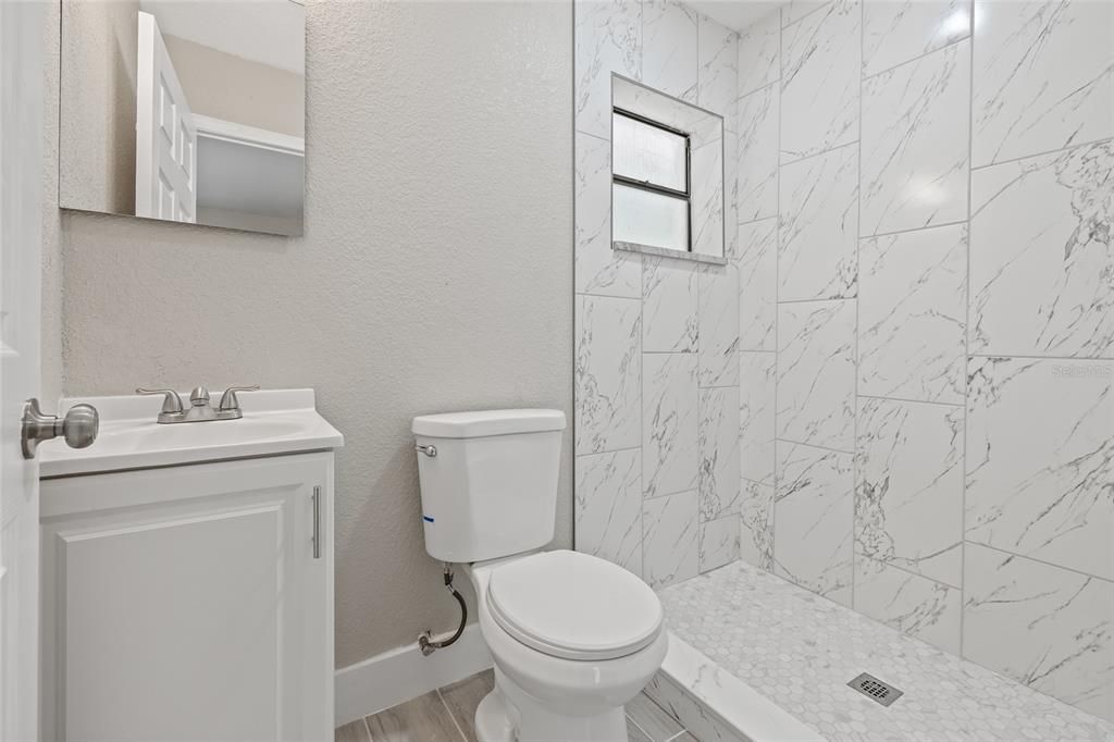 Bathroom, Interior, Marble Walls, Wood Texture Flooring