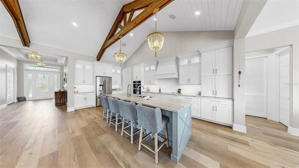 Interior, Kitchen, Pendant Lights, Recessed Lighting, Stainless Steel Appliances, Wooden Beams, Wood Texture Flooring