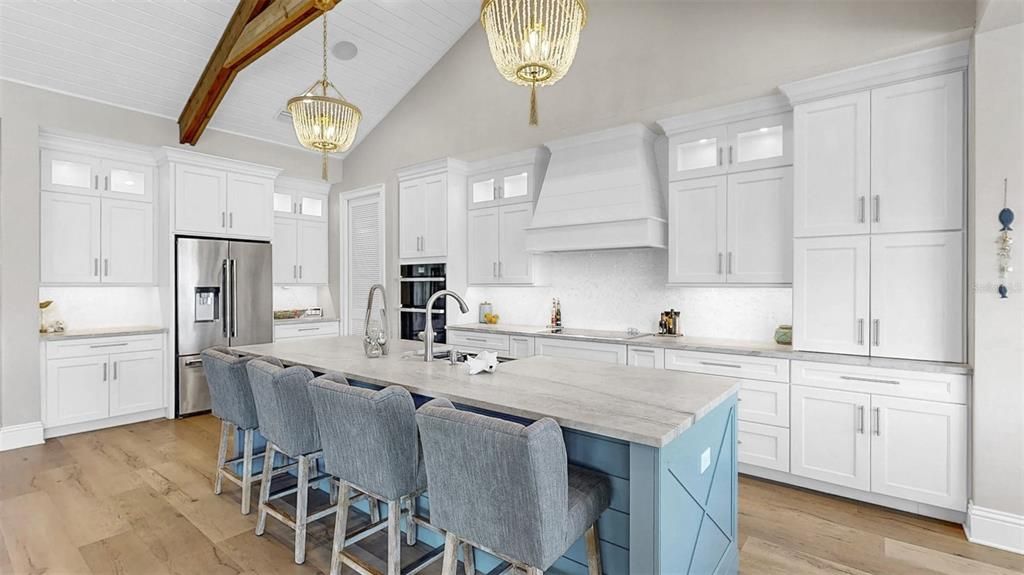 Interior, Kitchen, Pendant Lights, Stainless Steel Appliances, Wooden Beams, Wood Texture Flooring