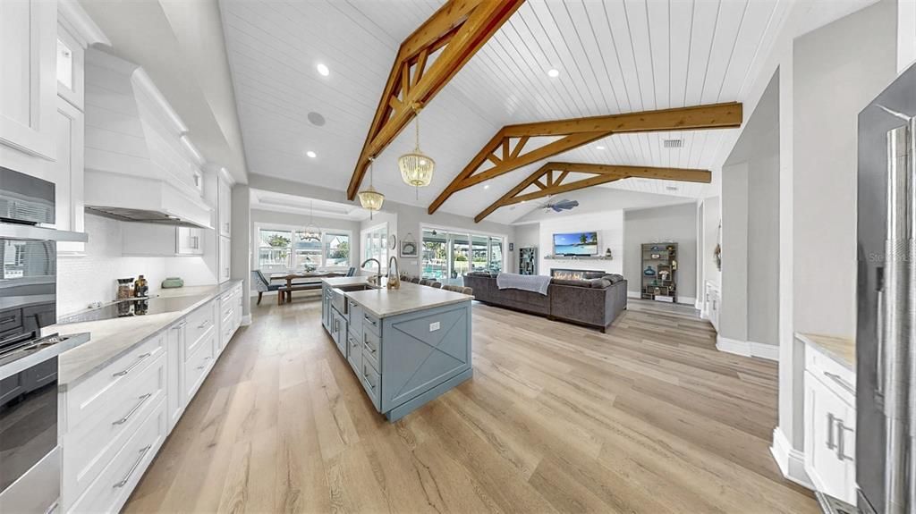 Interior, Kitchen, Living room, Pendant Lights, Recessed Lighting, Wooden Beams, Wood Texture Flooring