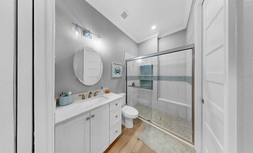 Bathroom, Glass Shower, Interior, Recessed Lighting, Wood Texture Flooring