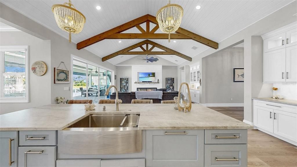 Interior, Kitchen, Living room, Pendant Lights, Recessed Lighting, Wooden Beams, Wood Texture Flooring
