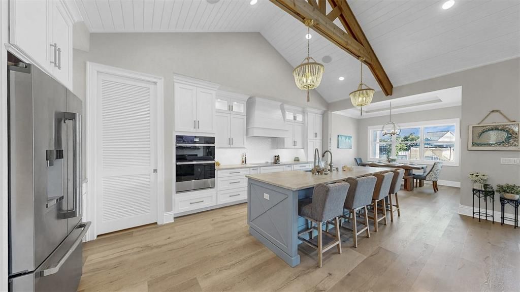 Dining room, Interior, Kitchen, Pendant Lights, Recessed Lighting, Stainless Steel Appliances, Wooden Beams, Wood Texture Flooring