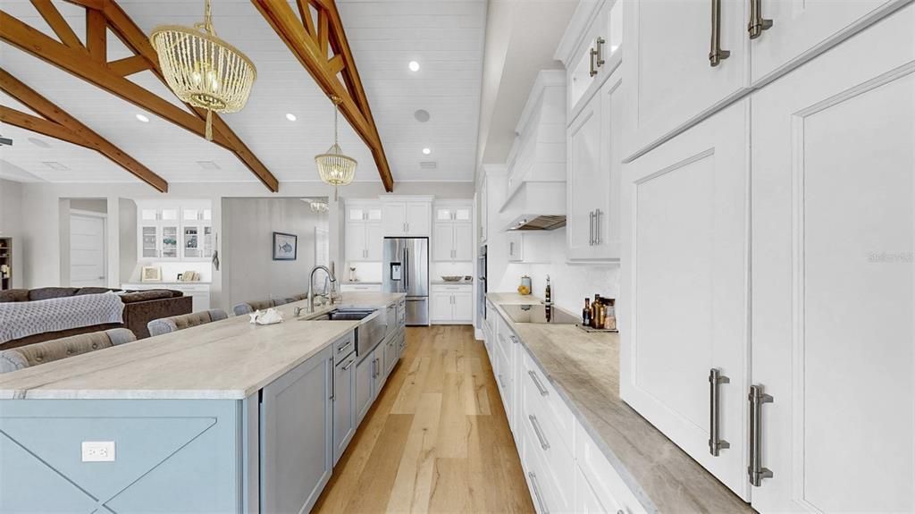 Interior, Kitchen, Living room, Pendant Lights, Recessed Lighting, Stainless Steel Appliances, Wooden Beams, Wood Texture Flooring
