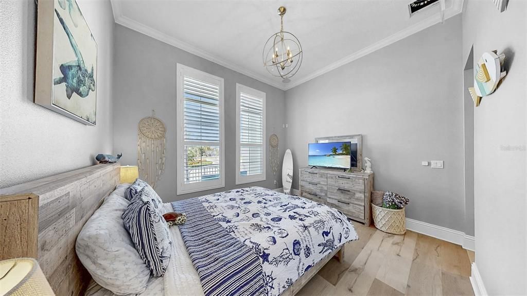 Bedroom, Chandelier, Interior, Pendant Lights, Wood Texture Flooring
