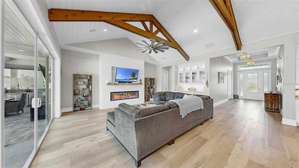 Fireplace, Interior, Living room, Recessed Lighting, Wooden Beams, Wood Texture Flooring