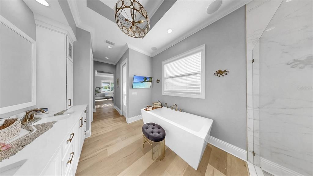 Bathroom, Glass Shower, Interior, Marble Walls, Recessed Lighting, Wood Texture Flooring