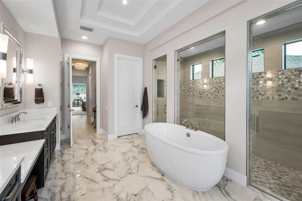 Bathroom, Dual Sink Vanities, Free Standing Baths, Glass Shower, Interior, Marble, Recessed Lighting