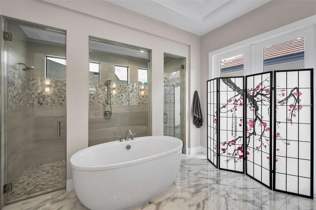 Bathroom, Free Standing Baths, Glass Shower, Interior, Marble
