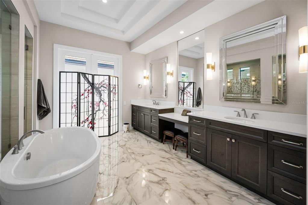 Bathroom, Dual Sink Vanities, Free Standing Baths, Interior, Marble, Recessed Lighting