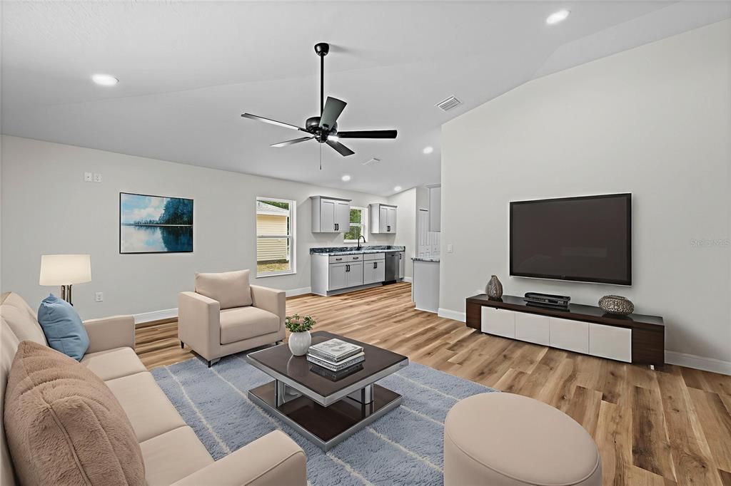 Interior, Kitchen, Living room, Recessed Lighting, Wood Texture Flooring