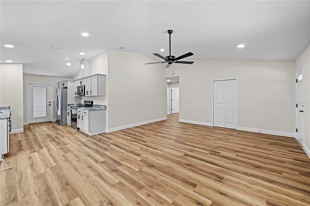 Empty room, Interior, Kitchen, Recessed Lighting, Wood Texture Flooring