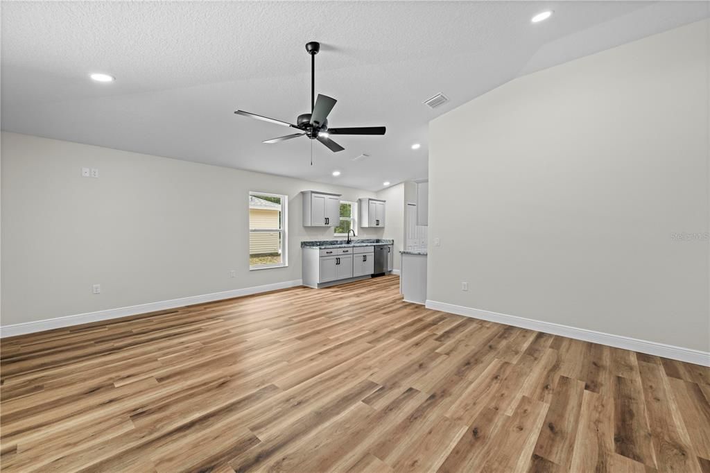Empty room, Interior, Kitchen, Recessed Lighting, Wood Texture Flooring
