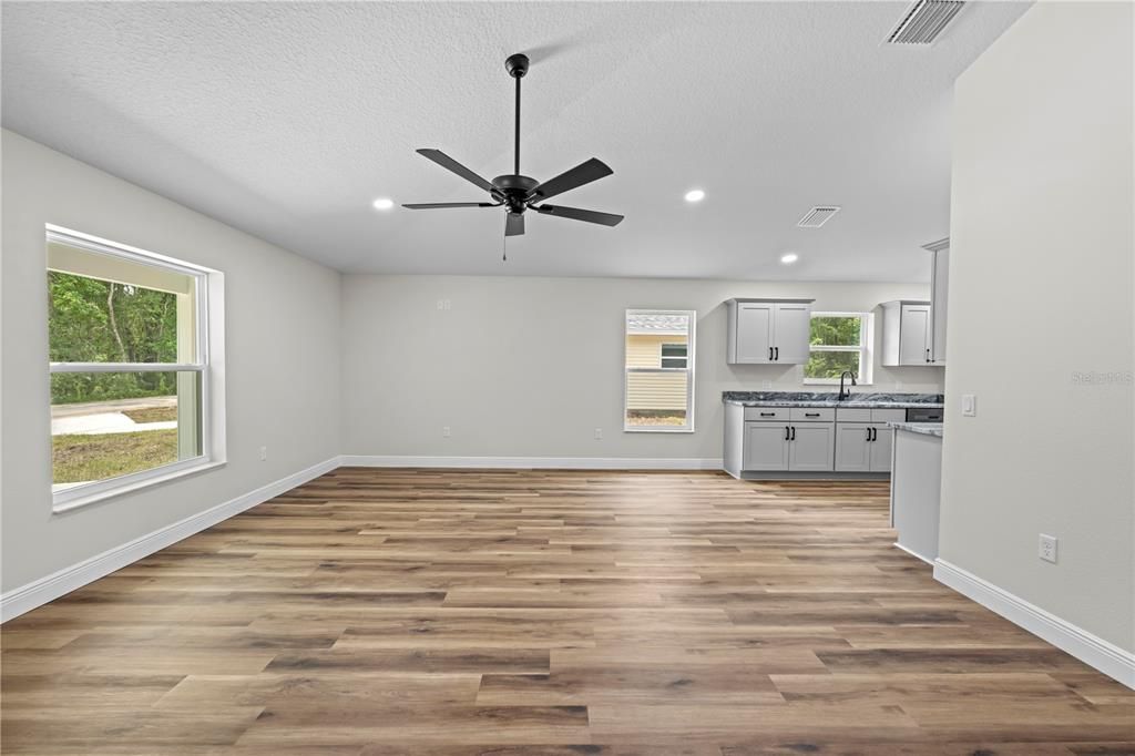 Empty room, Interior, Kitchen, Recessed Lighting, Wood Texture Flooring