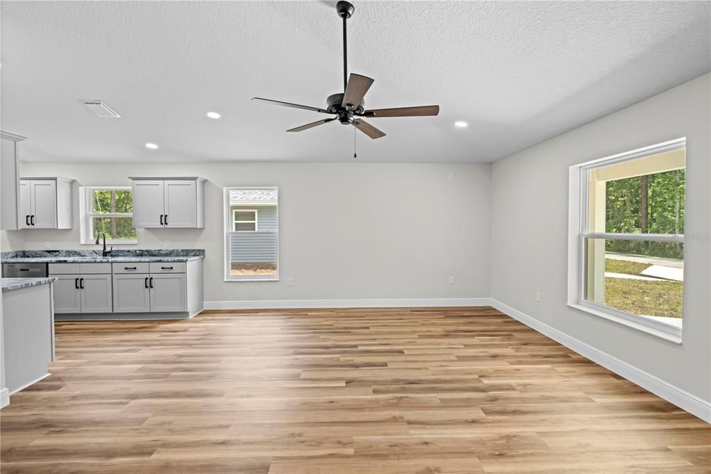 Empty room, Interior, Kitchen, Recessed Lighting, Wood Texture Flooring