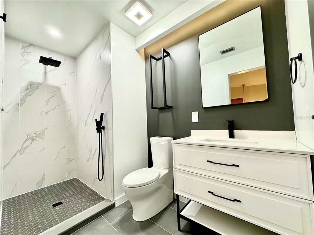 Bathroom, Glass Shower, Interior, Marble Walls, Recessed Lighting