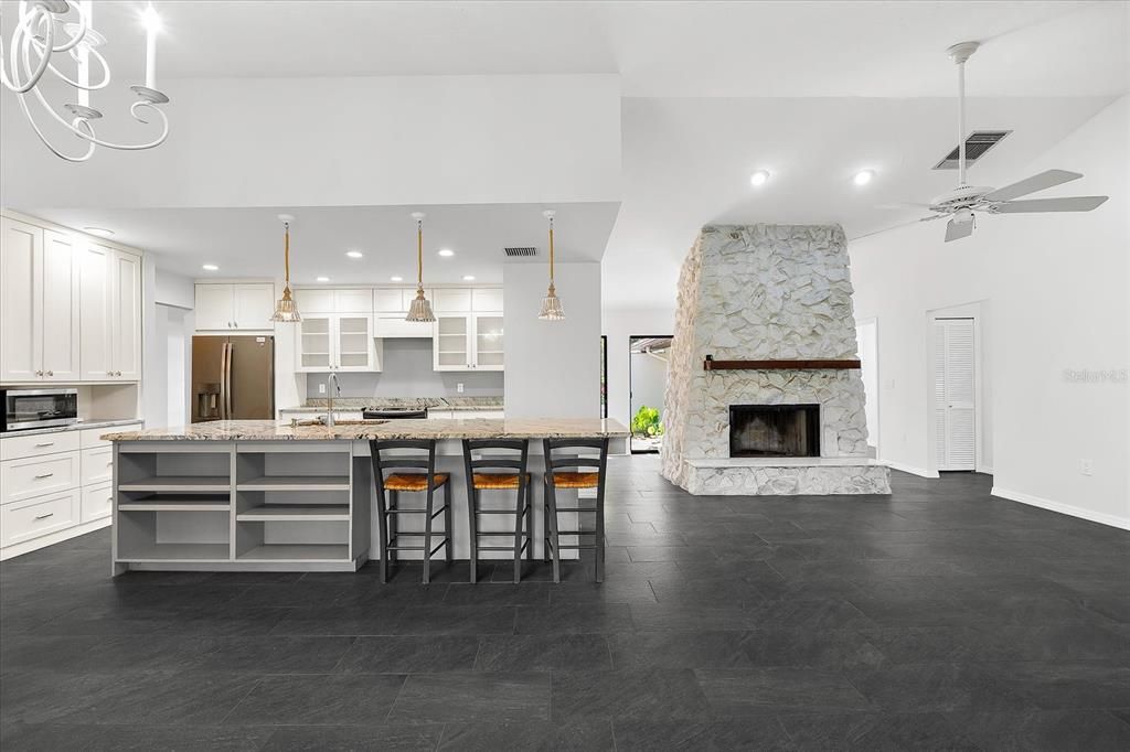 Fireplace, Interior, Kitchen, Pendant Lights, Recessed Lighting, Stone Walls