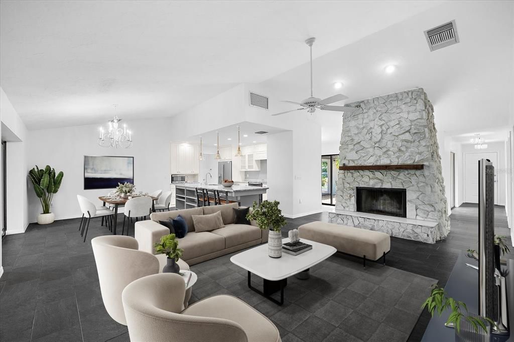 Chandelier, Dining room, Fireplace, Interior, Kitchen, Living room, Pendant Lights, Recessed Lighting, Stone Walls