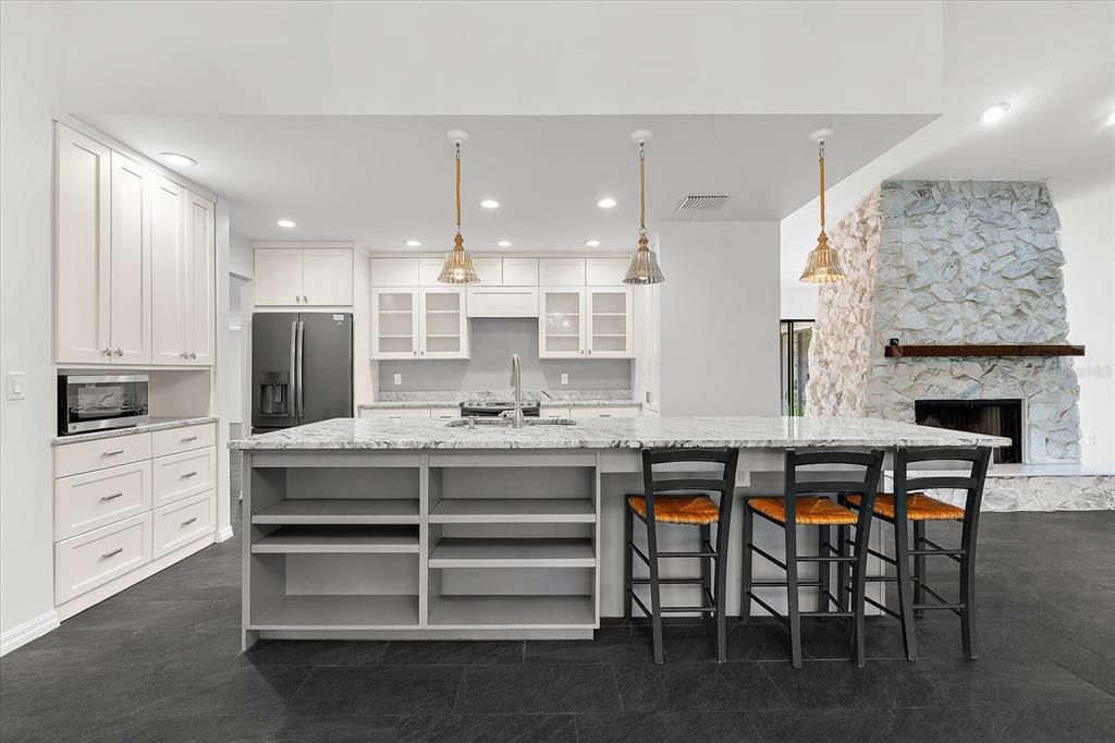 Fireplace, Interior, Kitchen, Pendant Lights, Recessed Lighting, Stone Walls