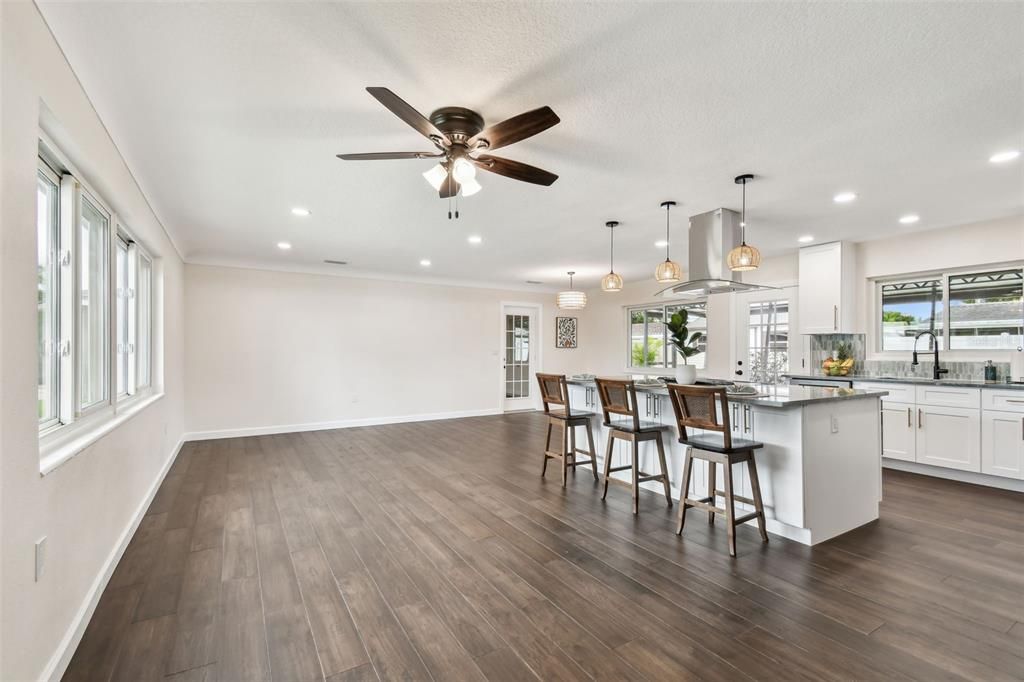 Interior, Kitchen, Pendant Lights, Recessed Lighting, Wood Texture Flooring