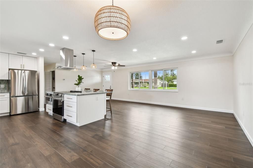 Interior, Kitchen, Pendant Lights, Recessed Lighting, Stainless Steel Appliances, Wood Texture Flooring