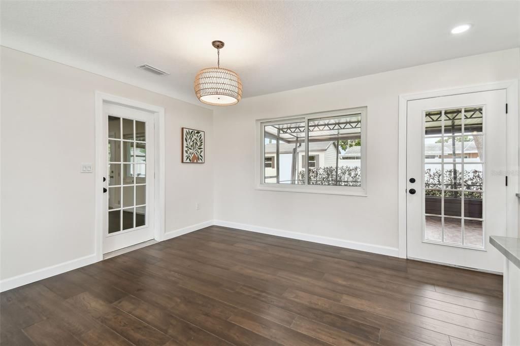 Empty room, Interior, Pendant Lights, Recessed Lighting, Wood Texture Flooring