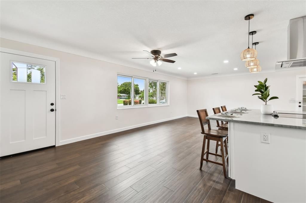 Dining room, Interior, Pendant Lights, Recessed Lighting, Wood Texture Flooring
