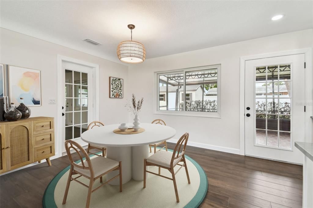 Dining room, Interior, Recessed Lighting, Wood Texture Flooring