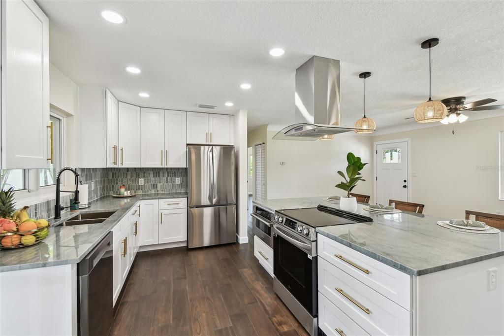 Interior, Kitchen, Pendant Lights, Recessed Lighting, Stainless Steel Appliances, Wood Texture Flooring