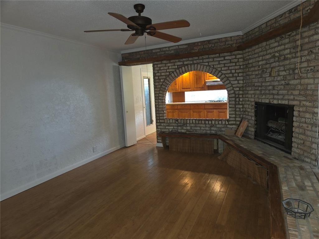 Empty room, Fireplace, Interior, Stone Walls, Wood Texture Flooring
