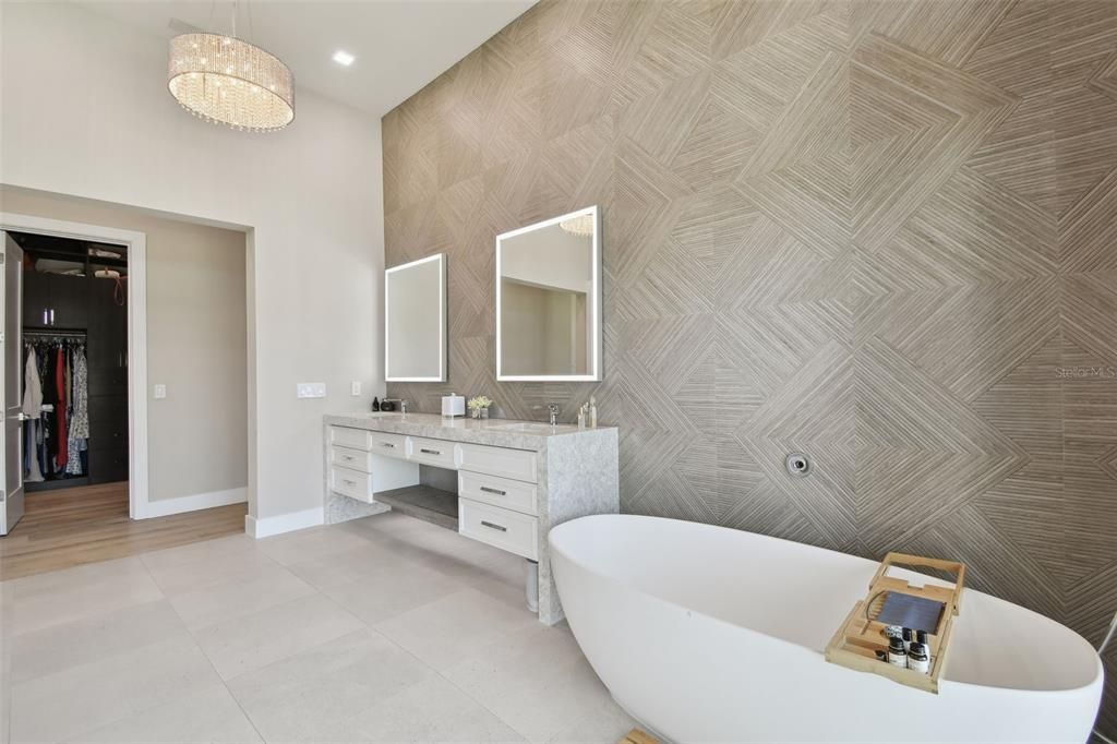 Bathroom, Chandelier, Dual Sink Vanities, Free Standing Baths, Interior, Recessed Lighting