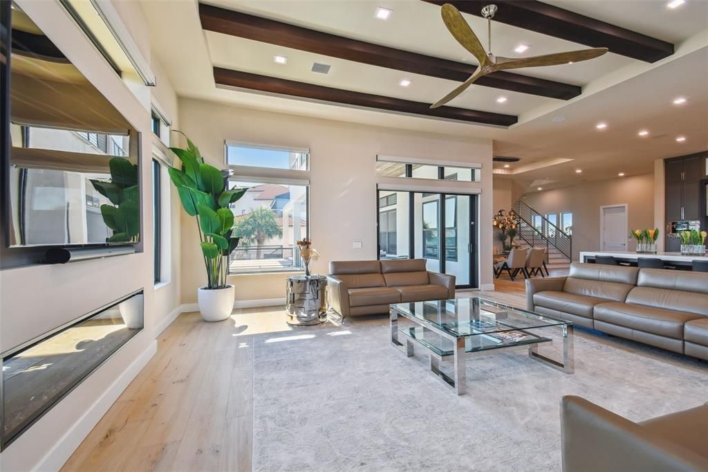 Fireplace, Interior, Living room, Recessed Lighting, Wooden Beams, Wood Texture Flooring