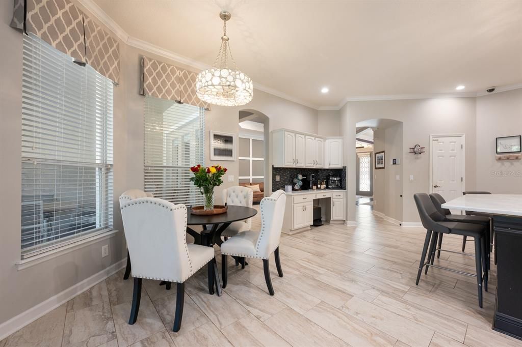 Dining room, Interior, Kitchen, Pendant Lights, Recessed Lighting, Wood Texture Flooring
