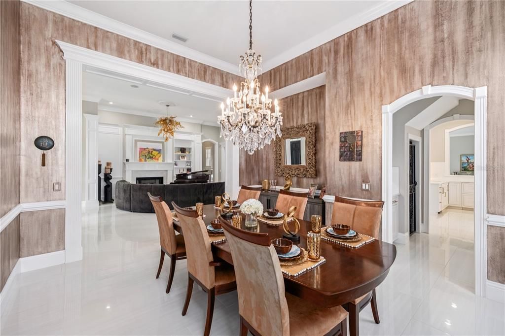 Chandelier, Dining room, Fireplace, Interior, Living room, Recessed Lighting