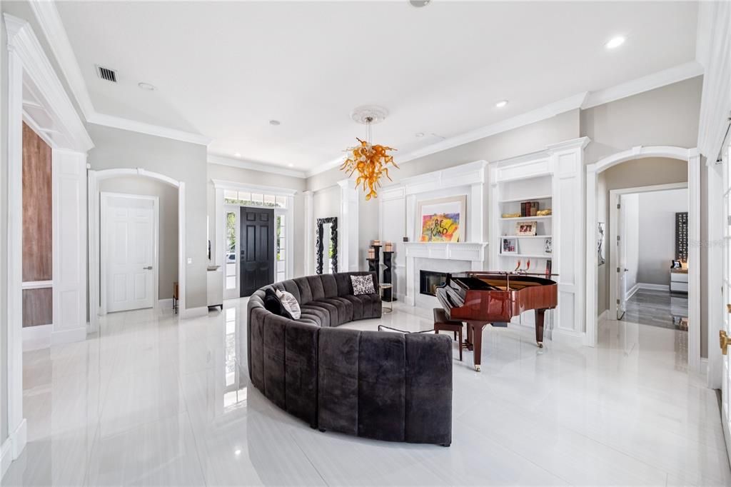 Fireplace, Interior, Living room, Pendant Lights, Piano, Recessed Lighting